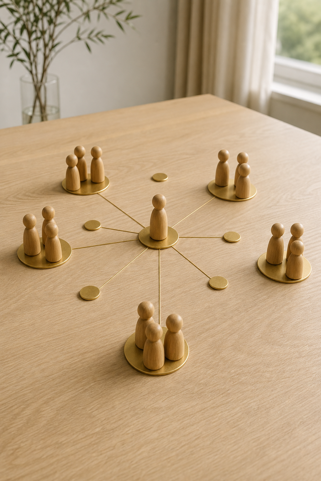 Business constellation with wooden figures and gold connection lines on a meeting table.